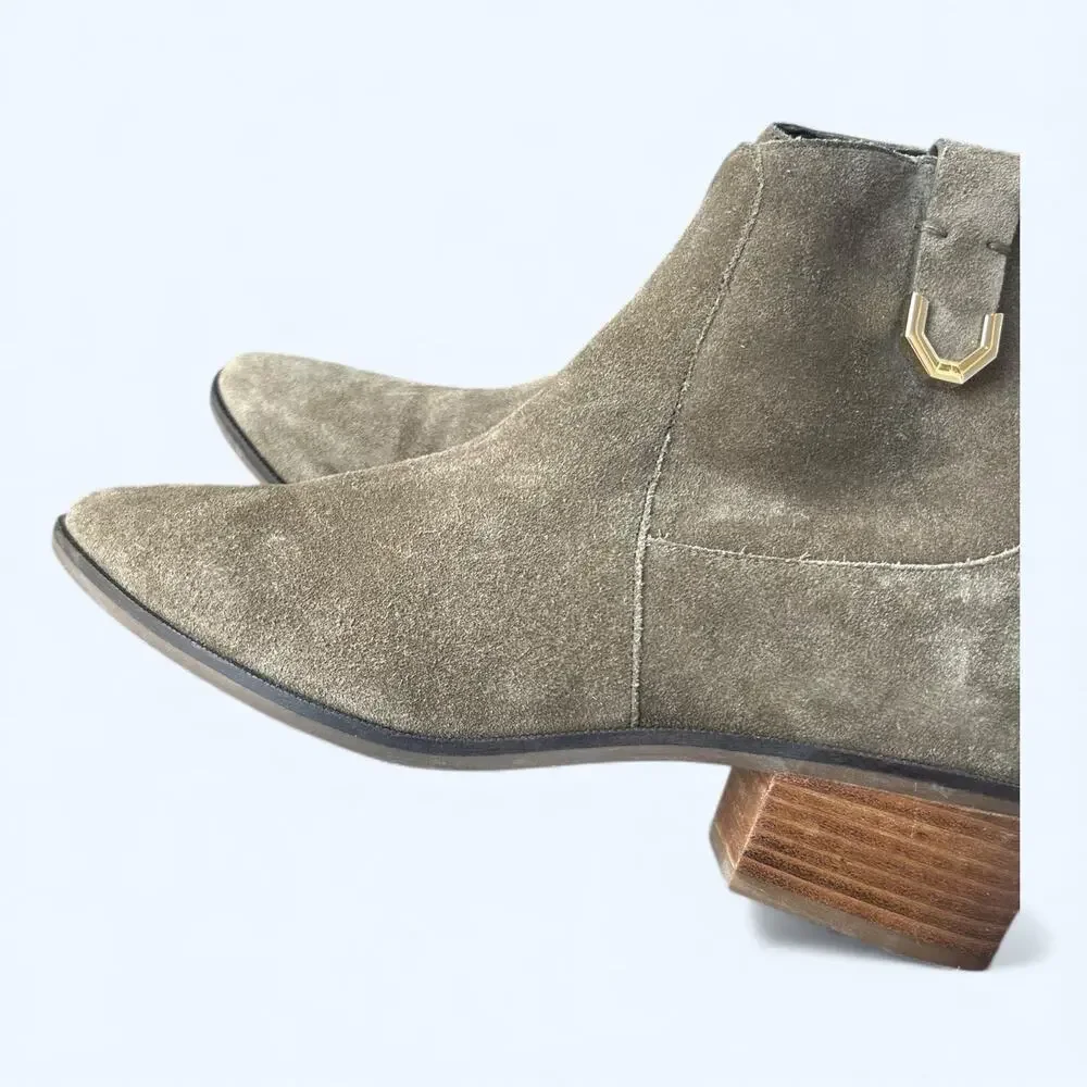 Cole Haan Maci Suede Ankle Boots Olive Green Block Heel Womens 8 Chic Minimalist
